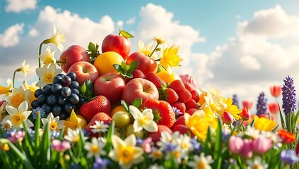 Fresh fruit and spring flowers in field.