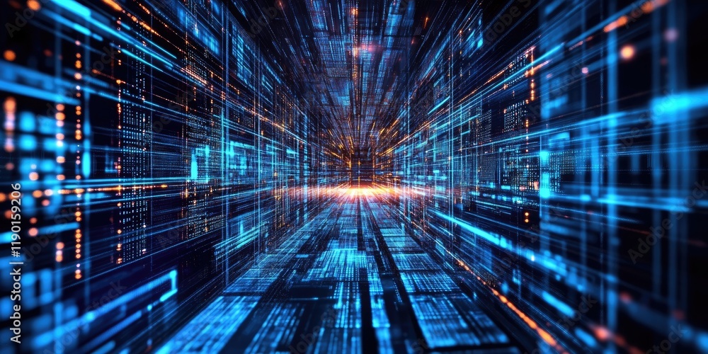 Poster Futuristic Abstract Technology Background with Digital Data Flow and Glowing Lines in a Virtual Space