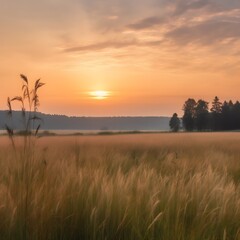 Obraz premium Golden Sunrise Over Serene Grassland Field