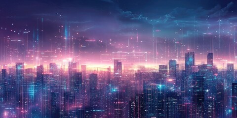 Obraz premium Futuristic Skyline with Neon Lights and Digital Effects at Dusk in a Vibrant Urban Landscape