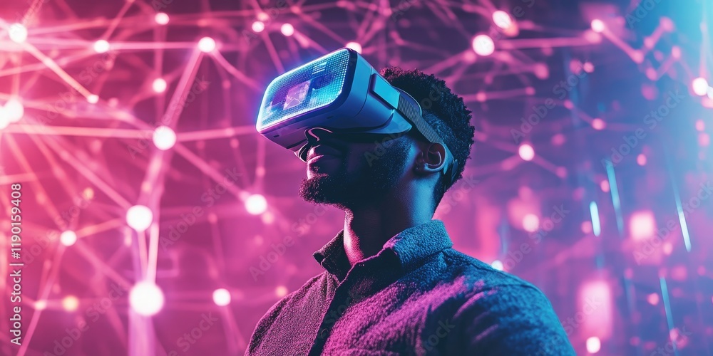 Aufkleber Man Wearing Virtual Reality Headset in a Futuristic Environment with Neon Lights and Data Connections