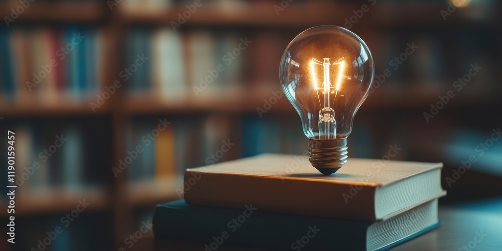 Poster light bulb glowing over books in a cozy library environment capturing the essence of knowledge and i