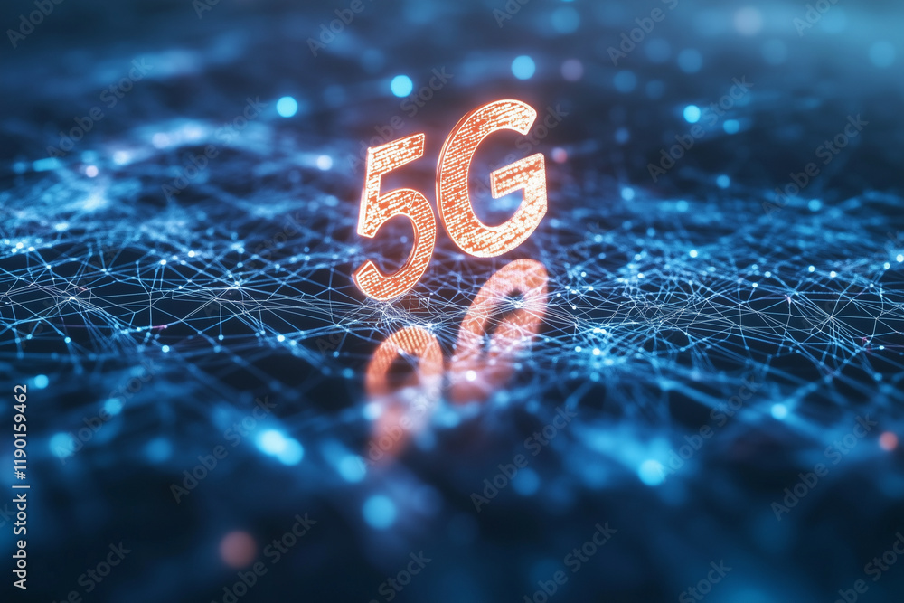 Aufkleber blue background with a red 5g symbol in the middle. the background is filled with a lot of lines and