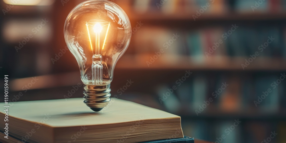 Poster glowing light bulb floating above open book in cozy library setting for inspiration and creativity