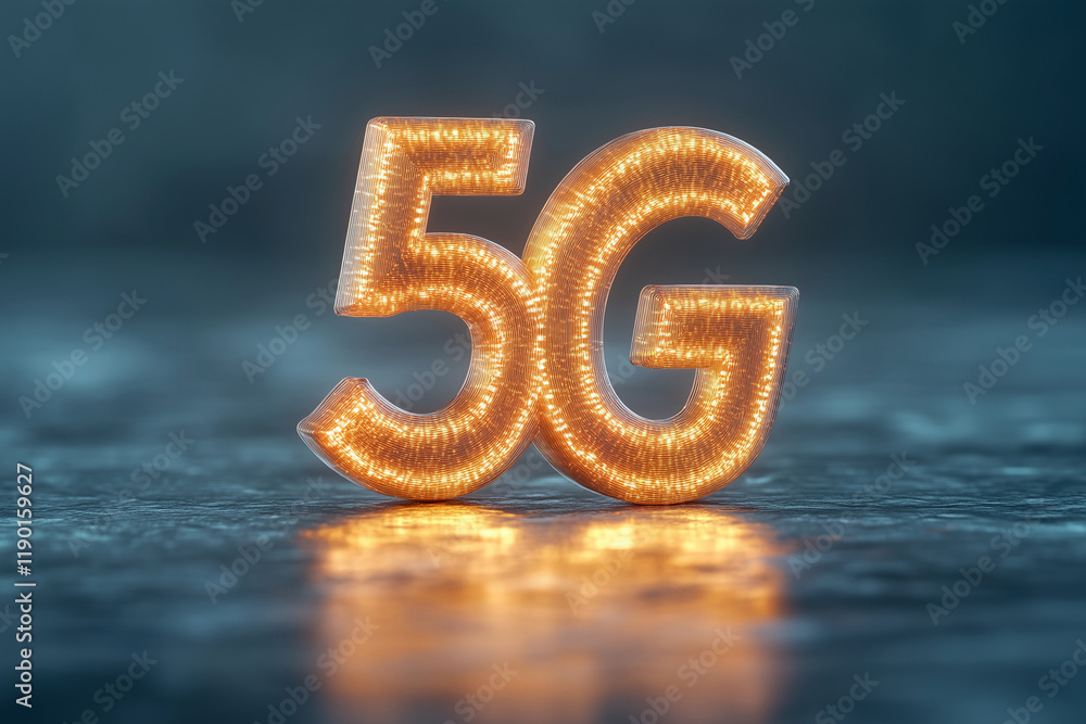 Poster glowing 5g symbol is lit up on a dark surface. the symbol is made up of a series of lines and curves