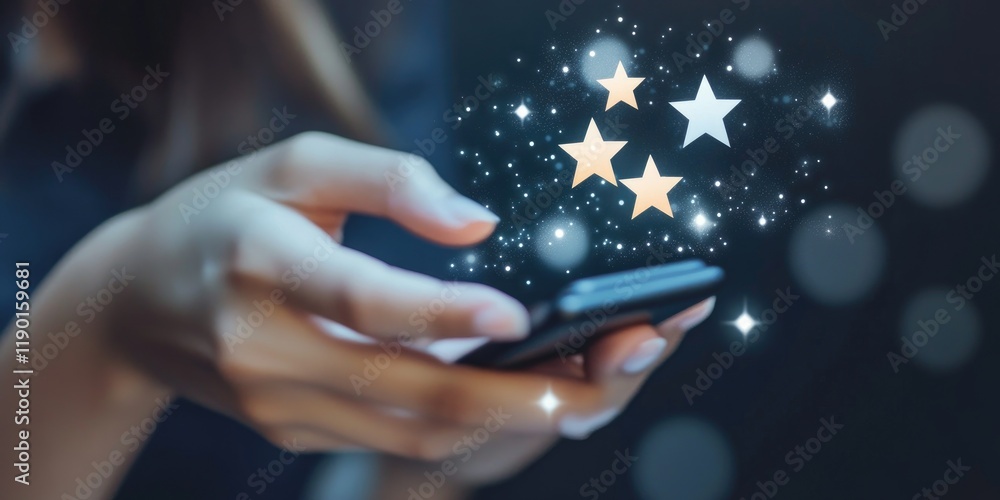 Aufkleber Sparkling Stars and Magic Effects from Smartphone in Hands of User with Blurred Background