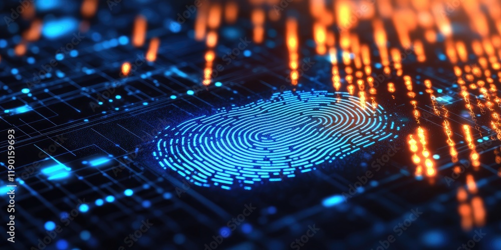Poster Abstract Digital Fingerprint on Circuit Board with Glowing Data Points and Blue Lighting Effects in Futuristic Technology Design