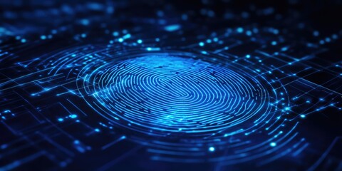 Futuristic Digital Fingerprint on a Technology Circuit Background with Glowing Blue Lights and Data Patterns