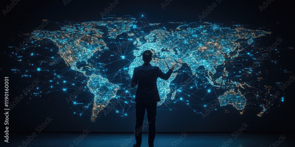 Aufkleber Businessman Analyzing Digital World Map with Data Connections and Networks Representing Global Technology and Communication