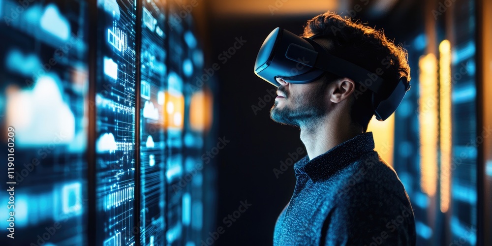 Poster young man using virtual reality headset in a futuristic digital environment with glowing screens and