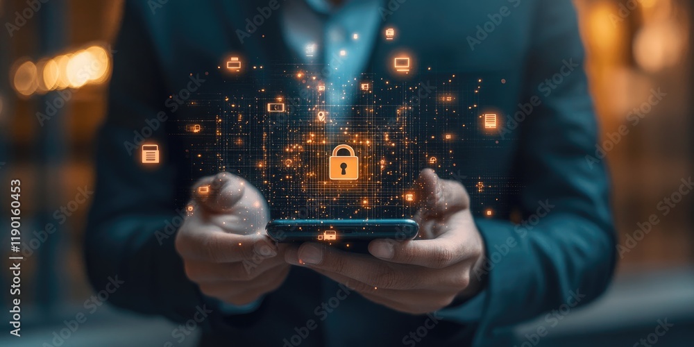 Poster secure digital connection with smartphone displaying lock symbol and data protection concept in mode