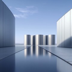 Obraz premium Sleek modern fuel storage facility design industrial landscape architecture reflection futuristic environment high-tech aesthetics