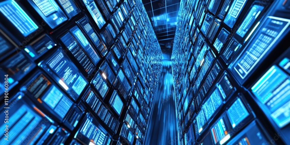 Poster Futuristic Data Center with Glow of Digital Screens in a High-Tech Environment