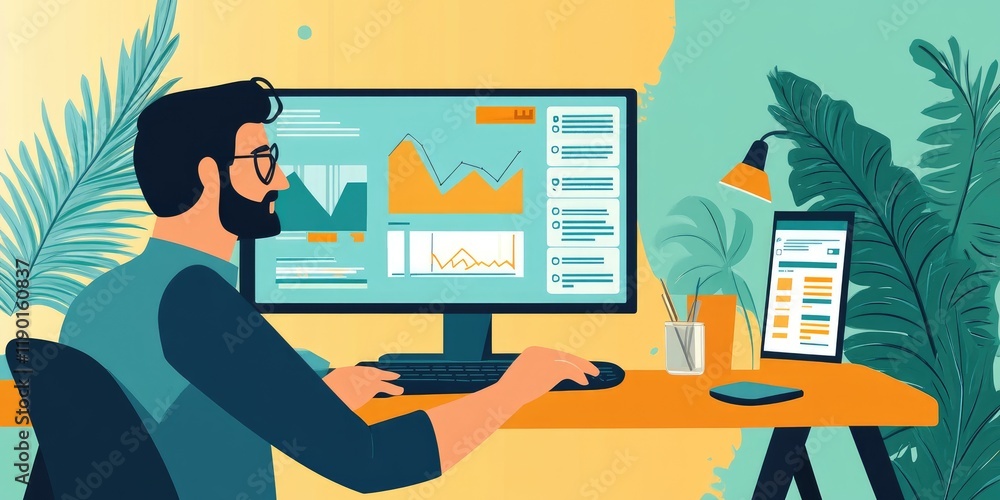 Fototapete Young professional analyzing data on computer screen with charts, graphs, and digital tools in a modern office space