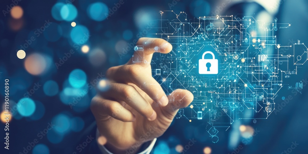 Poster Hand Reaching for Digital Lock Icon in a Network of Cybersecurity Symbols and Lights Representing Data Protection and Privacy