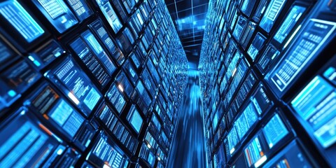 Obraz premium Futuristic Data Center with Glow of Digital Screens in a High-Tech Environment