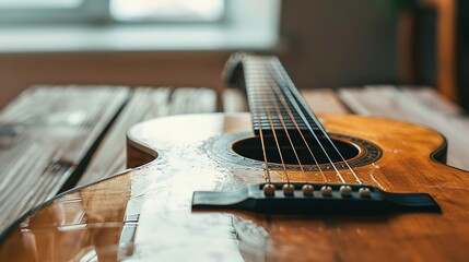 Obraz premium Acoustic Guitar on Wooden Table, Close-up View