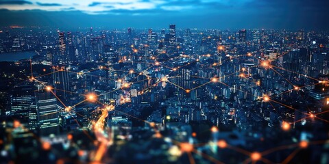 Obraz premium Nighttime Cityscape with Network Connections Illuminating Urban Landscape in Modern Metropolis