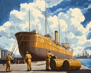 Workers loading fuel drums onto a vintage ship port dock industrial scene bright sky side view maritime operations