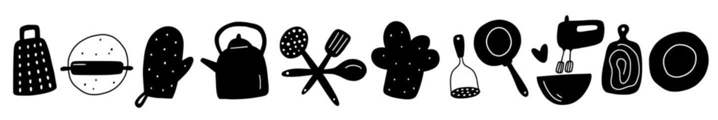 Vector horizontal illustration from kitchen utensils collection, hand drawn in doodle style