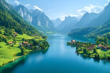 Aerial view of a valley with a river surrounded by green mountains. River has clear blue water and the mountains are covered with dense forests. There is a village on the bank of the river.