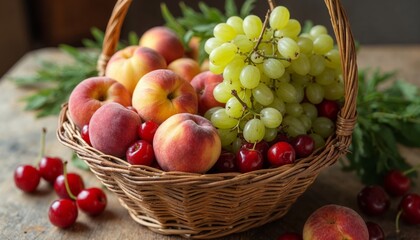 Fresh fruit basket with grapes, peaches, and cherries. Concept of healthy eating and organic food.