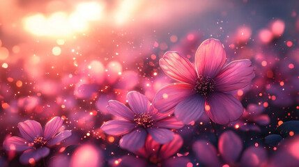A magical spring scene with floating petals, glowing light particles, and a dreamy pastel background