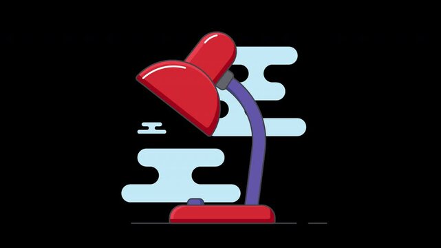 A vibrant red desk lamp with a purple stand set against a minimalist background featuring stylized clouds.