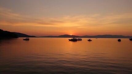 Boats at Sunset Over Calm Coastal Waters