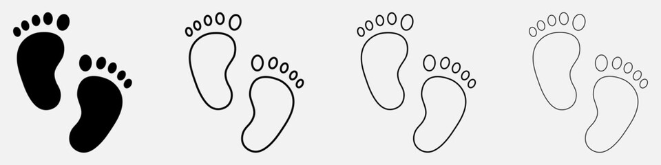 Set of baby footsteps different style. Baby footsteps vector set in black color isolated on white background. Outlie sign. Flat style. Vector illustration.
