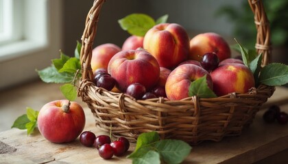Fresh peaches and cherries in a basket. Concept of healthy eating, organic food, and summer harvest.