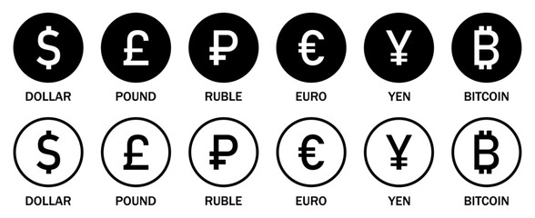 Set of international currency sign symbol. World currency silhouette and line icons set isolated on a white background. Vector illustration.
