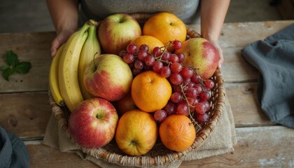 Woman holding a basket of fresh fruit. Concept of healthy eating, diet, and nutrition.