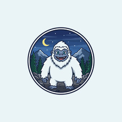 A cheerful cartoon yeti stands against a backdrop of a nighttime snowy mountain landscape.