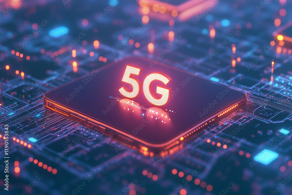Poster computer chip with the letters 5g on it. the image is a computer chip with the letters 5g on it, whi