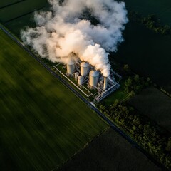 Fototapeta premium Aerial view of biofuel plant in green landscape sustainable energy production eco-friendly environment industrial concept