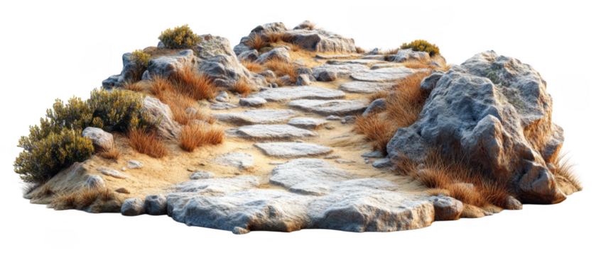 [Rugged terrain illustration with winding dirt path] Rugged Rocky Landscape with Winding Dirt Path and Vegetation