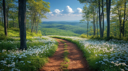 Obraz premium A picturesque forest trail lined with blooming trees and wildflowers under a bright blue sky