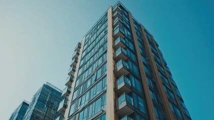 Obraz premium Scandinavian-style apartment building with natural wood features and minimalist architecture, under a clear sky on a sunny day