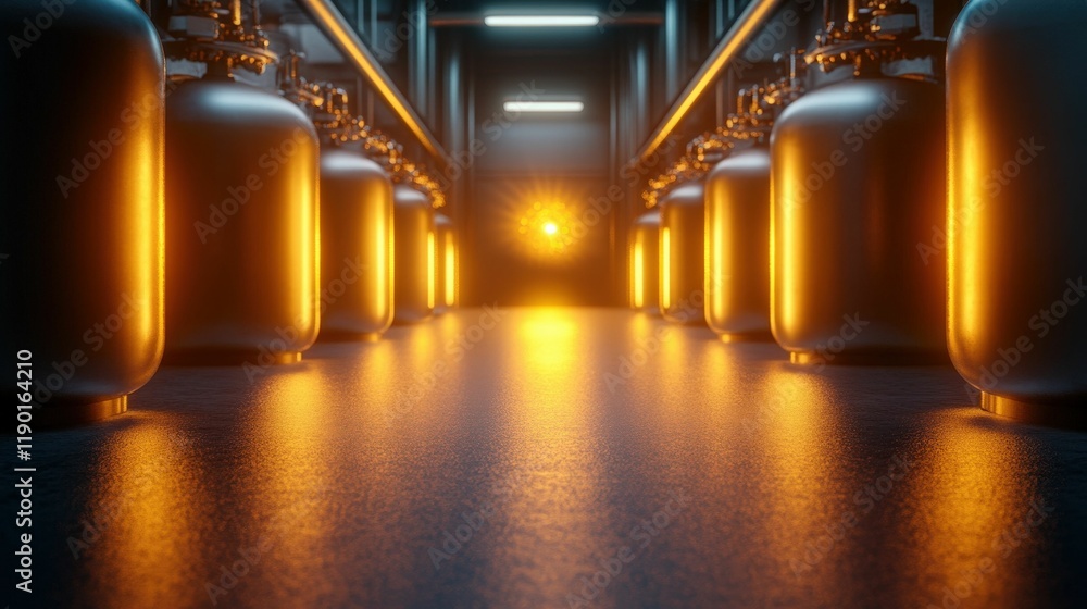 Poster chemical reactor with glowing pipelines in a modern factory setting industrial environment dynamic p