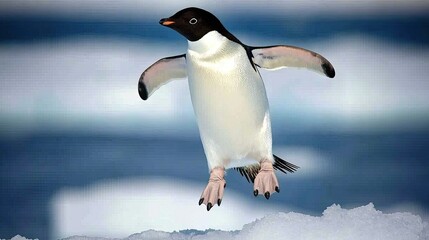 Fototapeta premium Single Adelie penguin leaping energetically off an ice floe, its body stretched for maximum reach against the Antarctic landscape