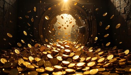 A vault door opens, with golden coins overflowing, illuminated by a bright light
