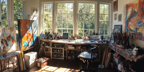 Bright and Inspiring Art Studio with Large Windows, Wooden Furniture, and Colorful Paintings in Natural Light