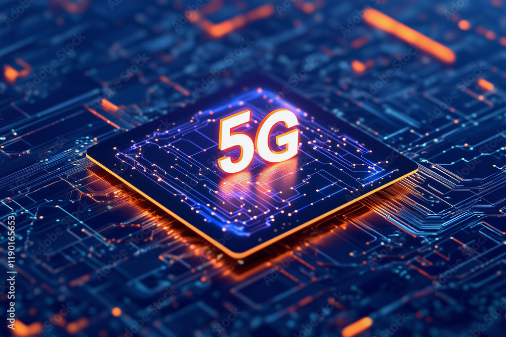Aufkleber computer chip with the letters 5g on it. the image is a close up of the chip and the letters are glo