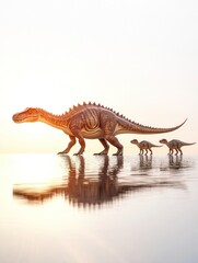 Fototapeta premium Dinosaur family walking at sunset, prehistoric landscape, educational illustration