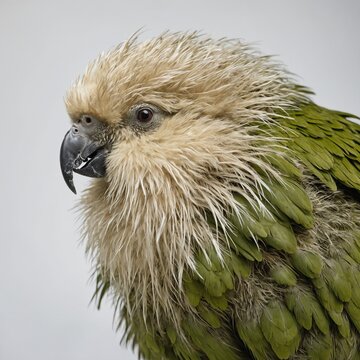 A Kakapo with exaggeratedly fluffy feathers, white background.
