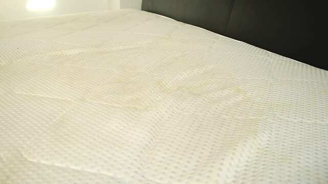 Close up of a woman spraying a dirty bed mattress with yellow stains