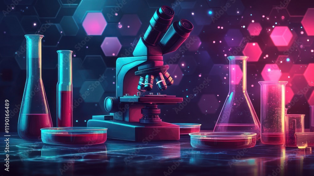Poster microscope and lab glassware with colorful liquids on a futuristic background.