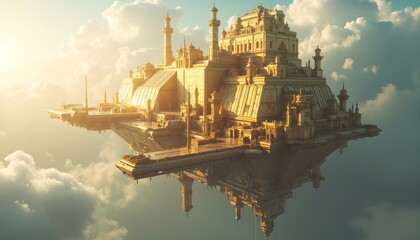 Fototapeta premium Golden fortress floating above the clouds, a majestic scene of fantasy and adventure. Generative Ai