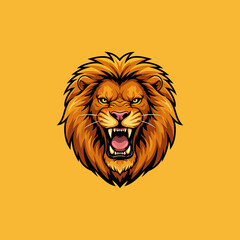 A stylized illustration of a roaring lion head against a yellow background suitable for logo or mascot design.